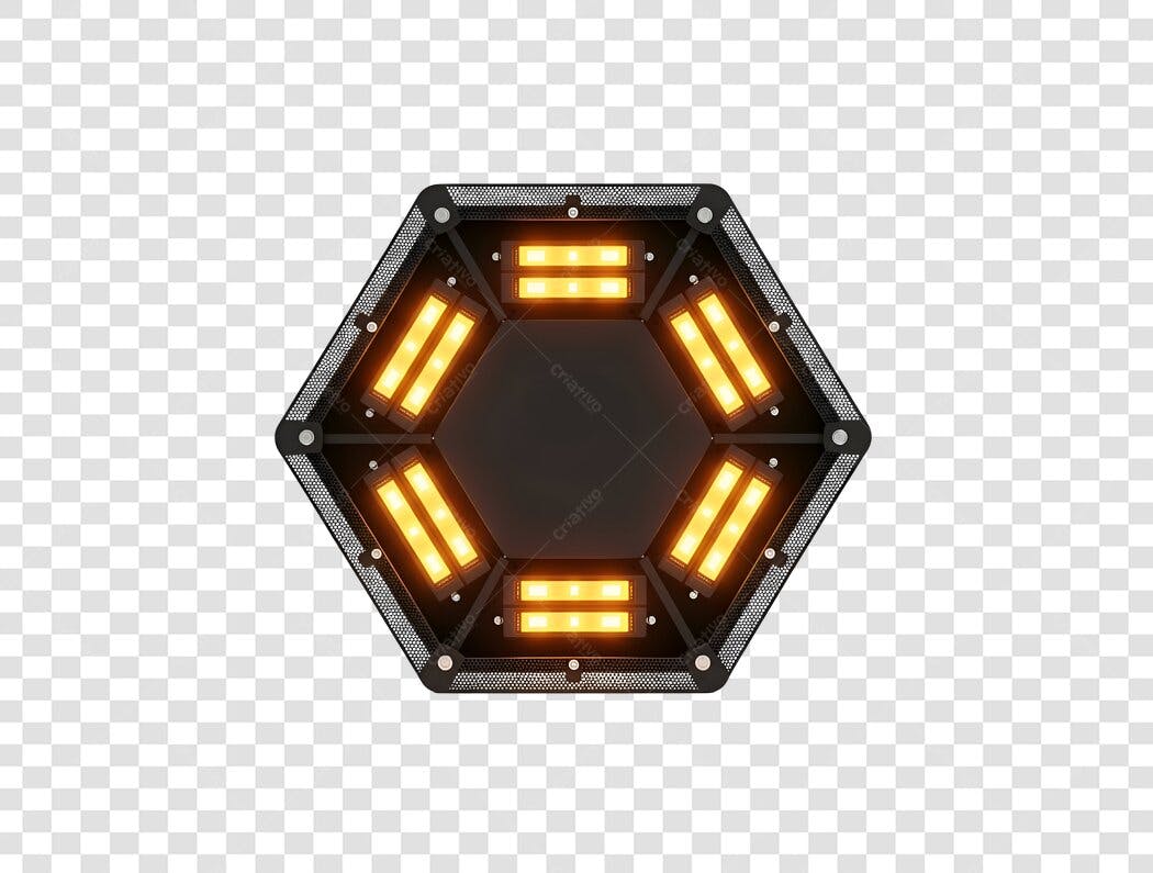 Elemento gráfico hexagonal com luzes laranjas brilho 3D PNG com fundo transparente
