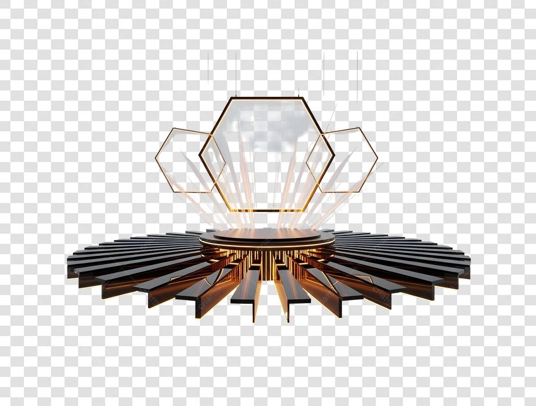 Pódio 3D moderno dourado e preto com luzes para evento apresentação PNG com fundo transparente