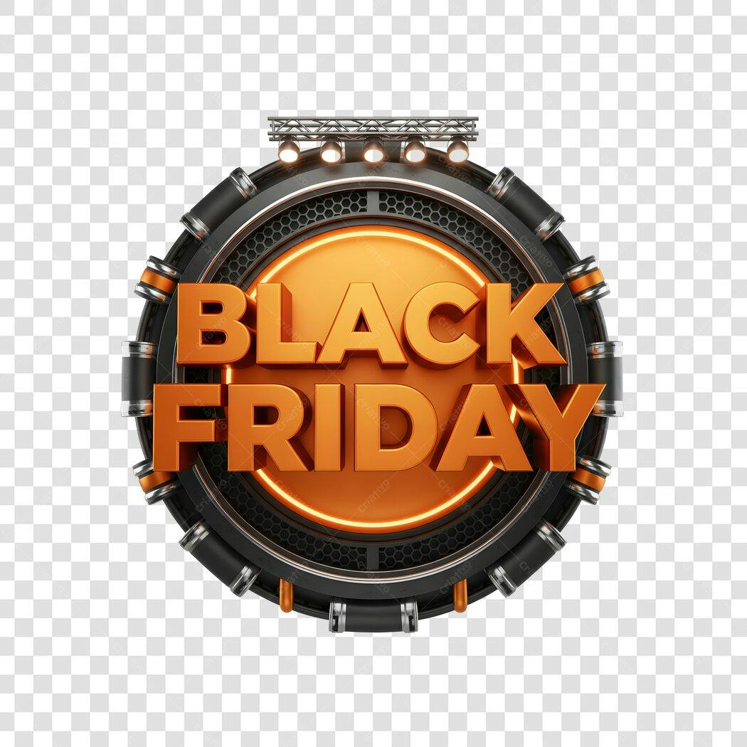 Selo promocional Black Friday laranja e preto 3D com fundo transparente