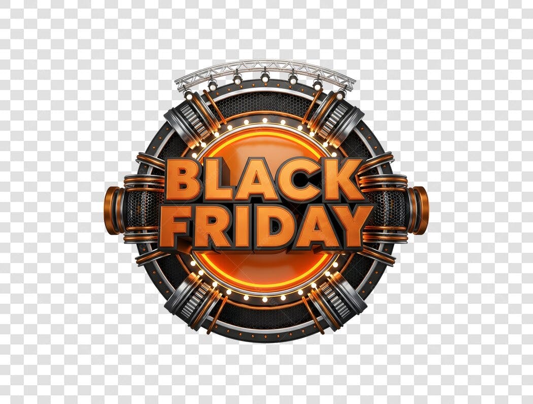 Selo Emblema Black Friday 3D metálico laranja preto industrial PNG com fundo transparente