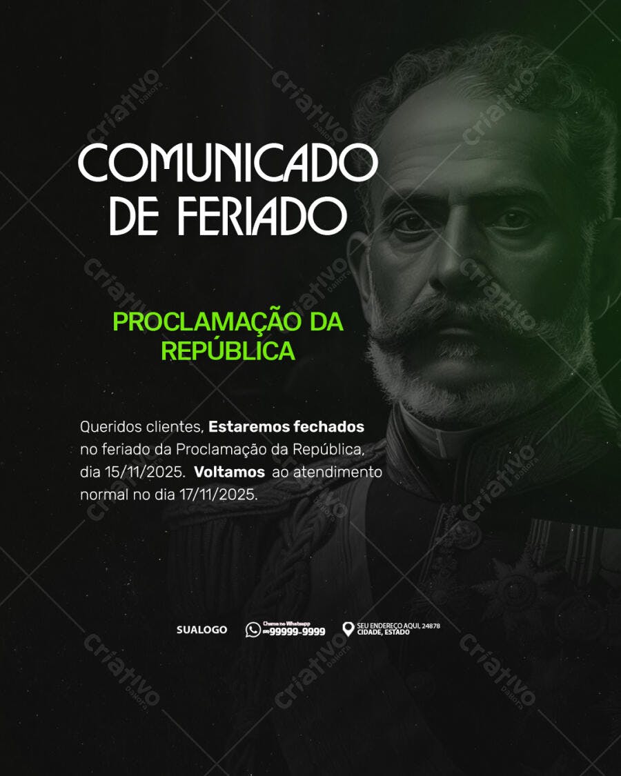 Flyer Comunicado Feriado Proclamação República PSD Editável