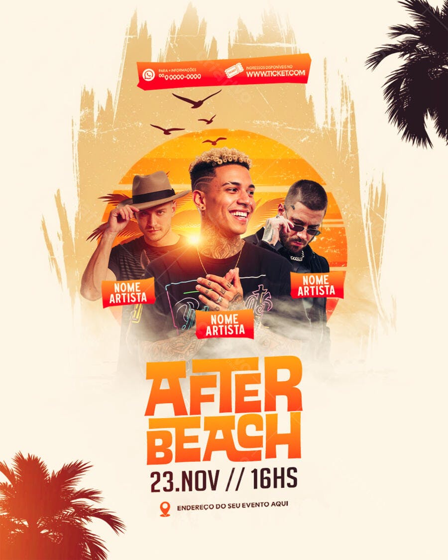 Flyer Festa After Beach Pôr do Sol Artistas Homens PSD Editável