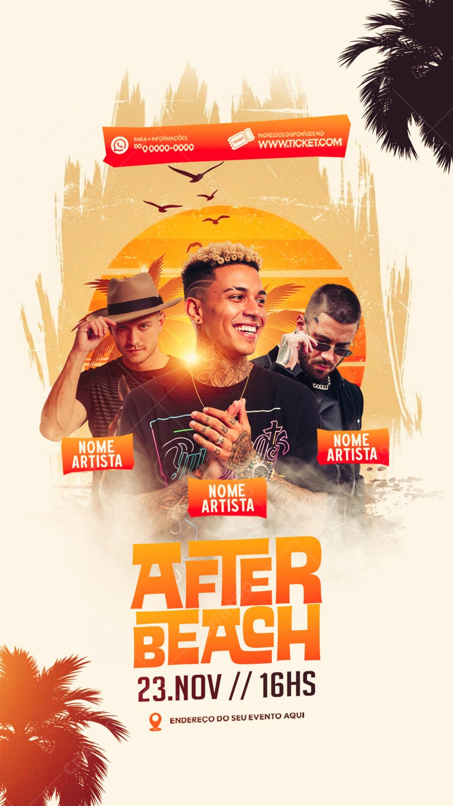 Flyer Festa After Beach com DJs Tatuados Sunset PSD Editável