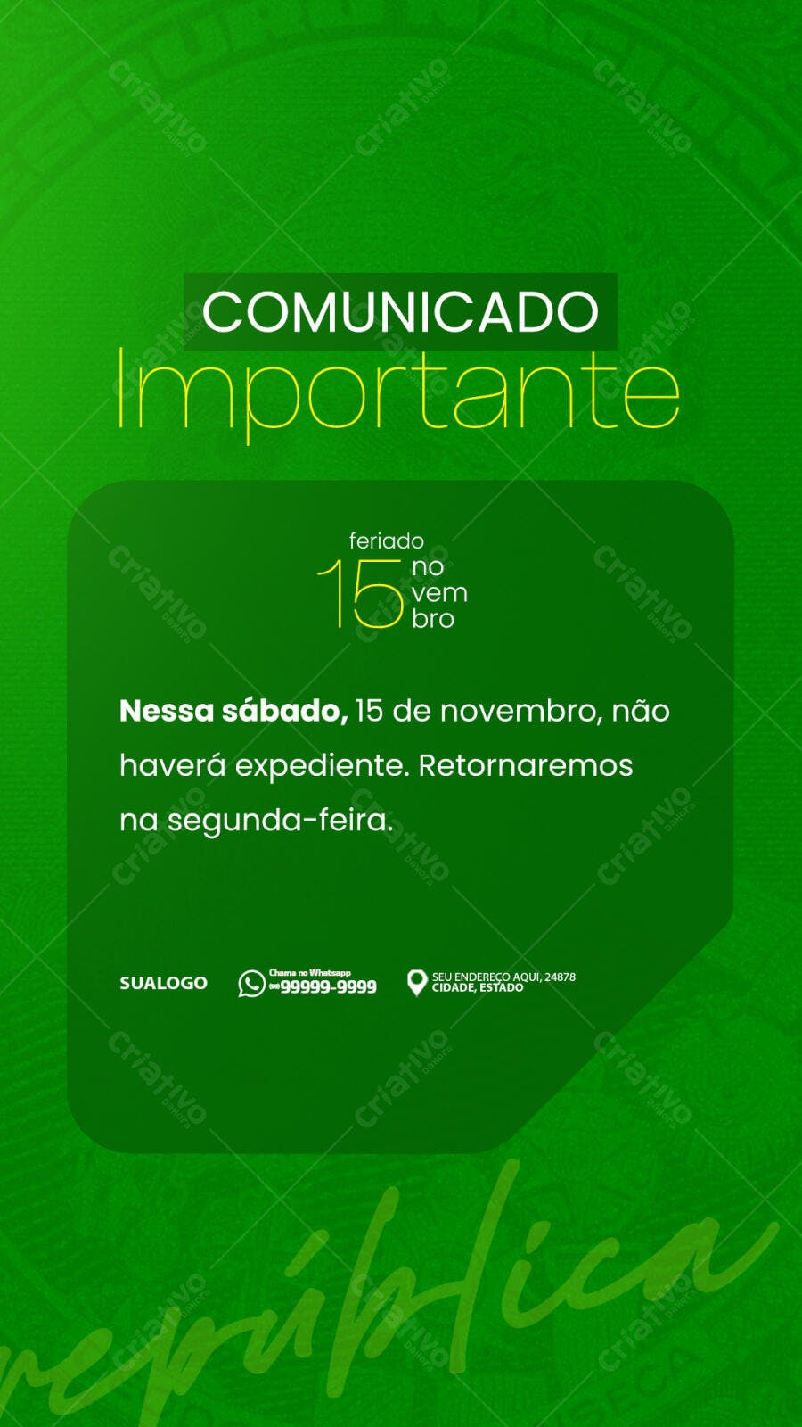 Comunicado Importante Feriado 15 de Novembro para Negócios PSD Editável