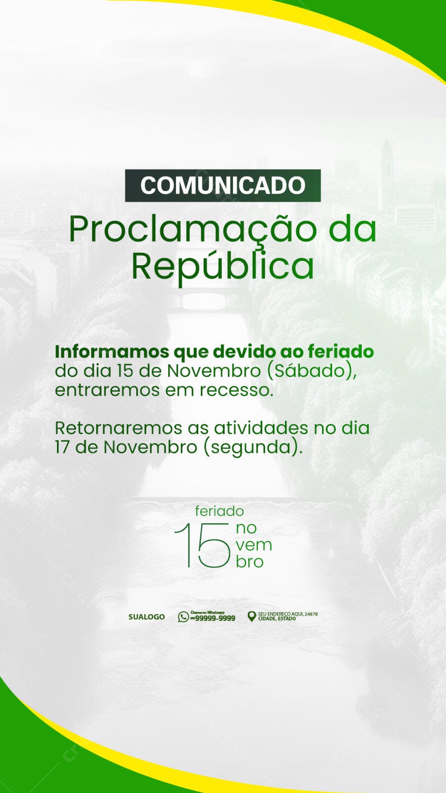 Flyer Comunicado Recesso Proclamação da República PSD Editável