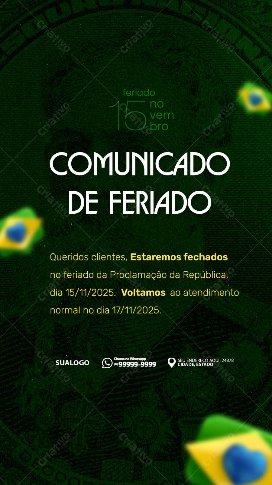 Comunicado de Feriado 15 de Novembro Proclamação da República PSD Editável