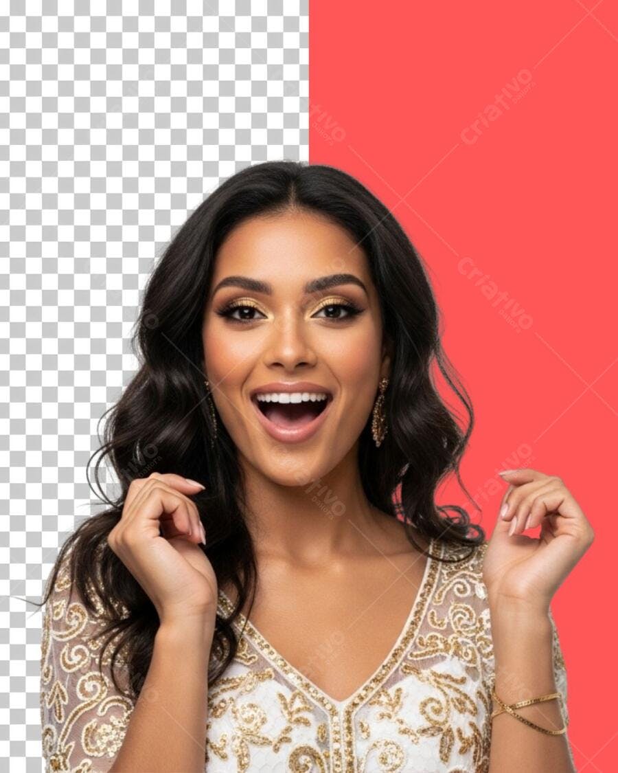 Modelo Mulher Indiana Feliz Animada Maquiagem Dourada PNG com fundo transparente