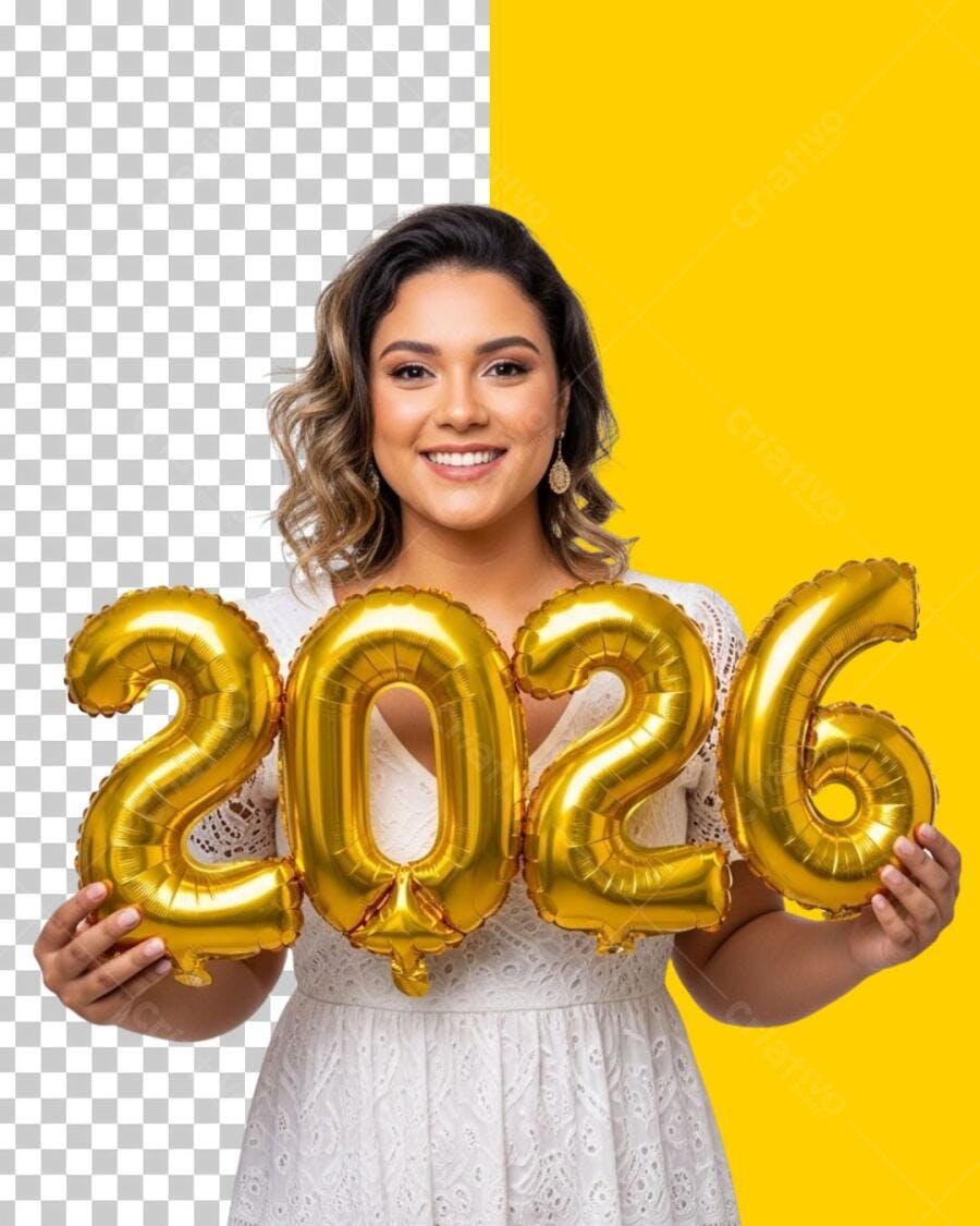 Mídia Social Ano Novo 2026 Mulher Latina Sorrindo Balões Dourados PNG Fundo Transparente