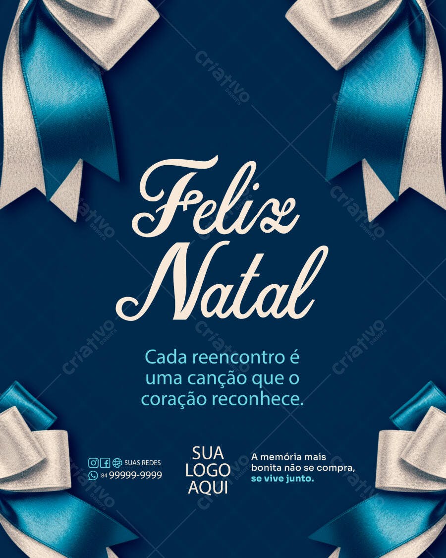 Cartão Digital Feliz Natal com Laços Azuis Elegantes PSD Editável