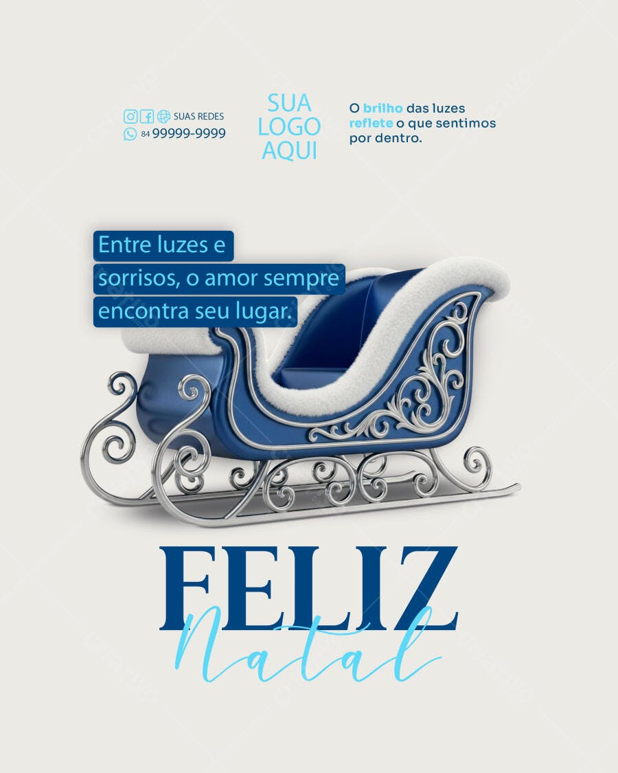 Post Redes Sociais Feliz Natal Trenó Azul Elegante PSD Editável