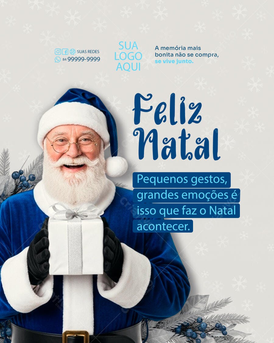 Post Redes Sociais Feliz Natal Papai Noel Azul PSD Editável