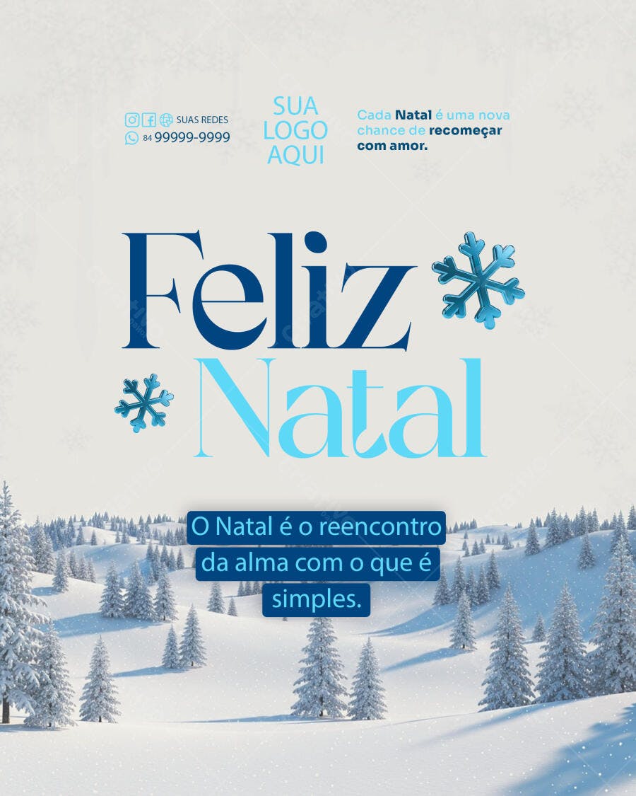 Flyer Feliz Natal Neve Pinheiros Azuis PSD Editável