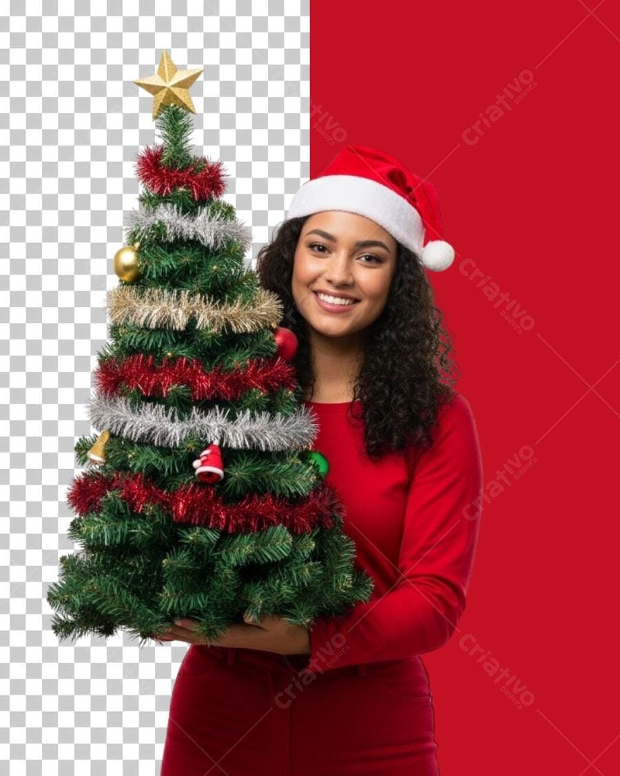 Foto Natal Mulher jovem sorridente árvore de Natal Vermelho Verde Dourado PNG fundo transparente