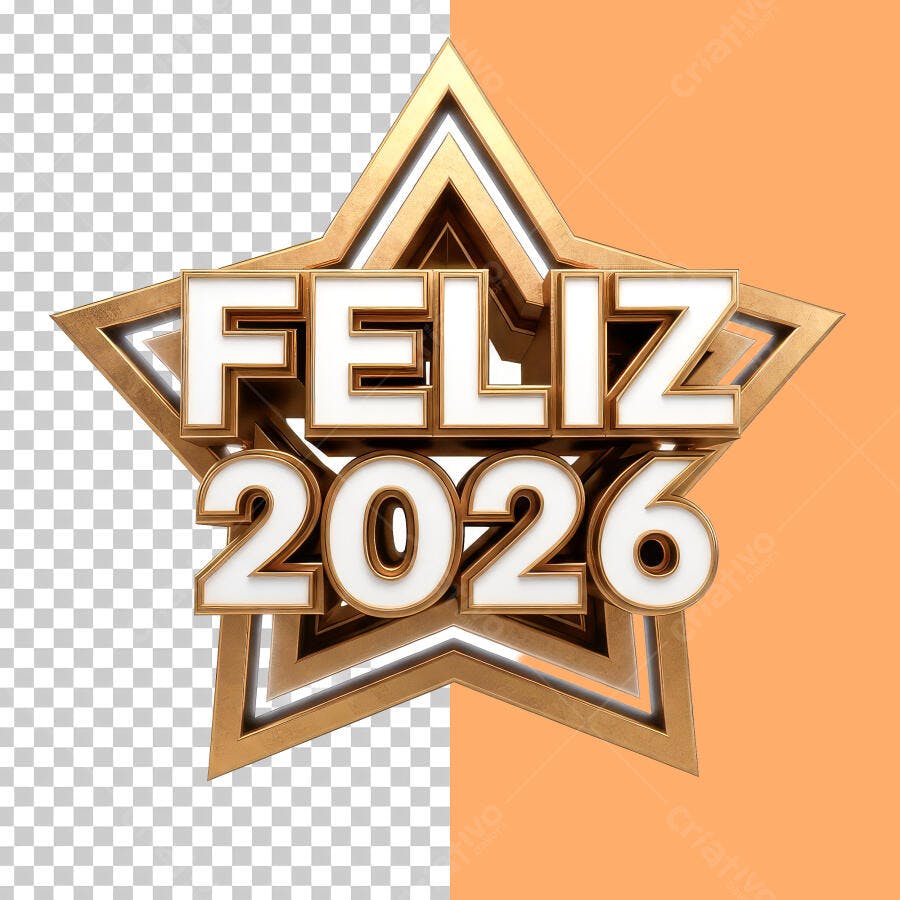 Selo 3D de Ano Novo Feliz 2026 estrela dourado metálico branco