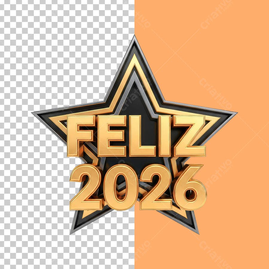 Selo 3D Happy New Year 2026 estrela dourada e preta metalizada