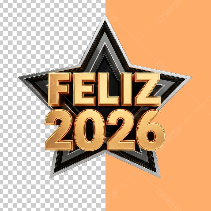 Selo 3D de Ano Novo 2026 dourado metálico com estrela preta e prata