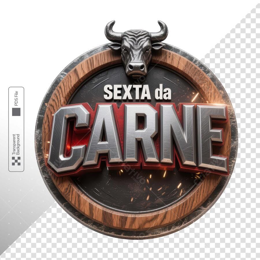 Selo Promocional Sexta da Carne com touro metálico e moldura de madeira PNG com fundo transparente