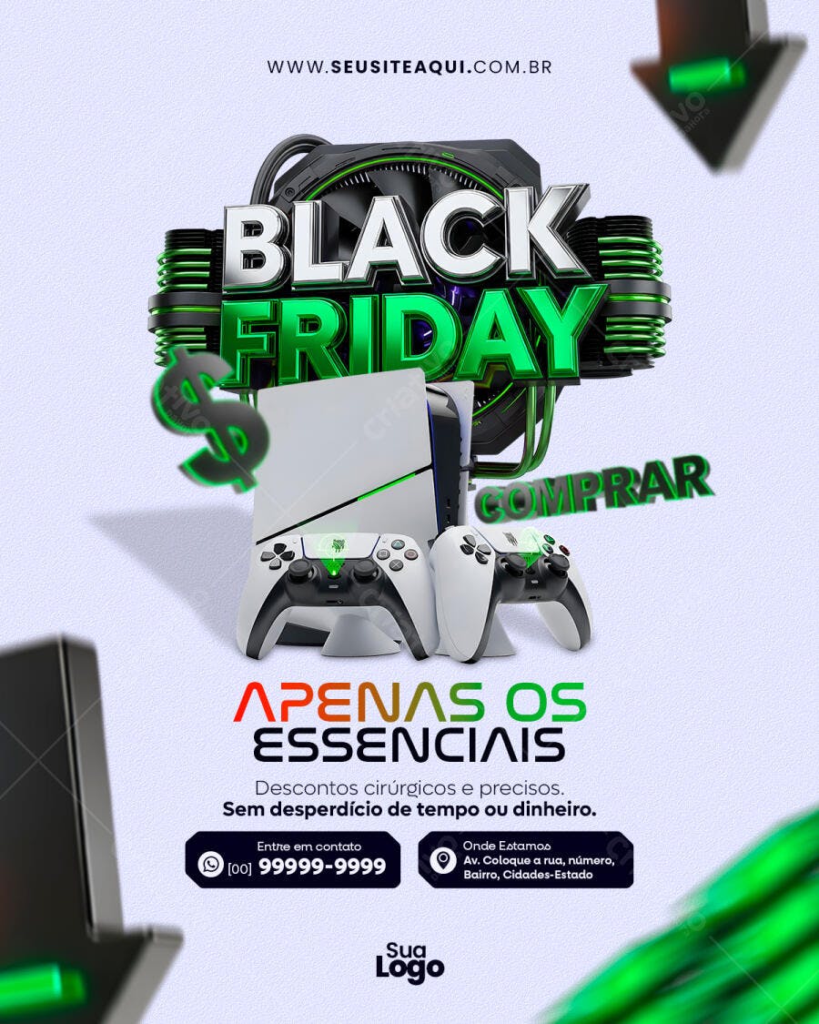 Flyer Black Friday Consoles e Games Eletrônicos Descontos Verdes Psd Editável