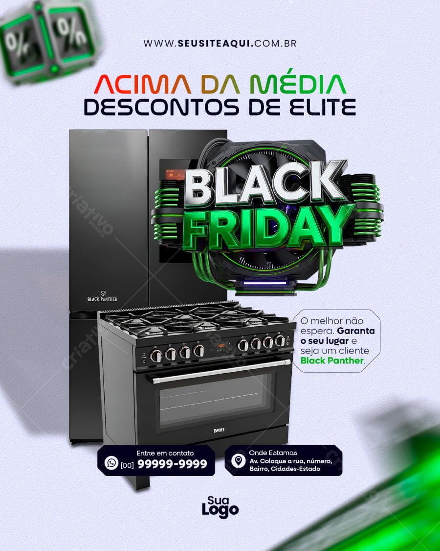 Flyer Black Friday Descontos Eletrodomésticos Black Panther PSD Editável