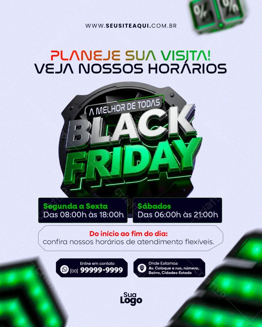 Flyer Promocional Black Friday com Horários de Atendimento PSD Editável