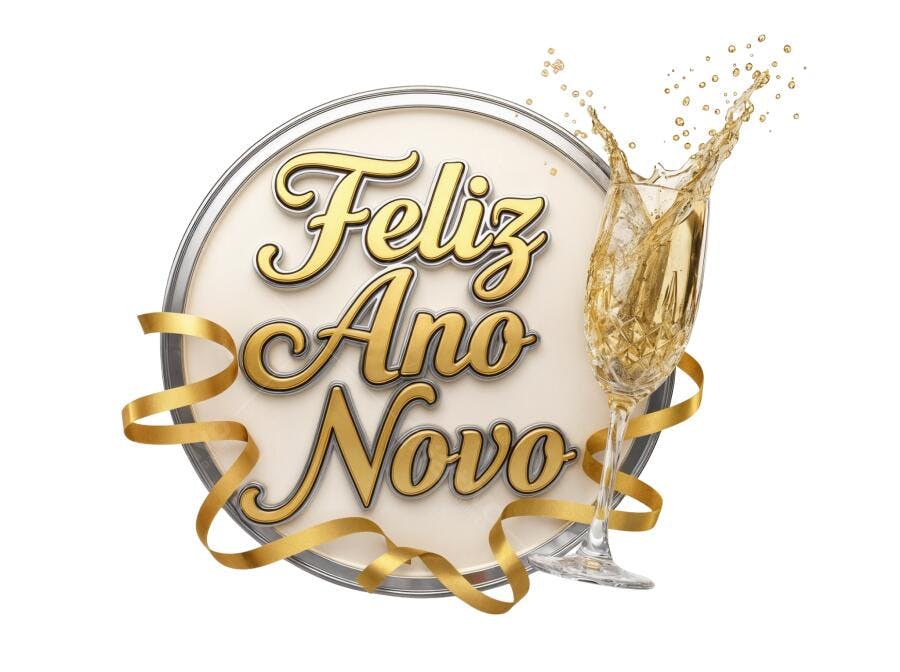 Selo Feliz Ano Novo dourado com taça champanhe splash e fita PNG com fundo transparente