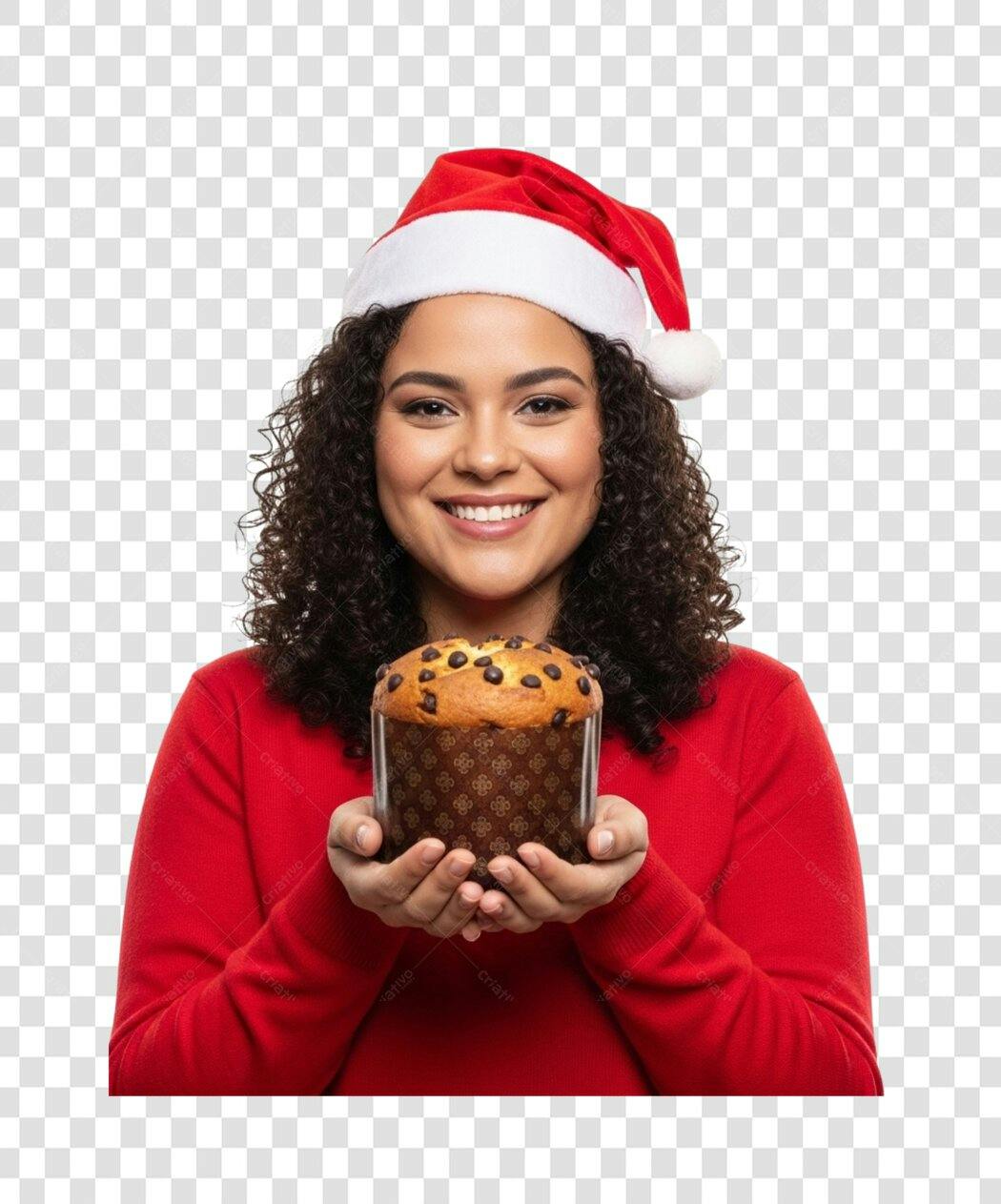 Imagem para Natal mulher morena feliz com panetone e gorro vermelho PNG com fundo transparente