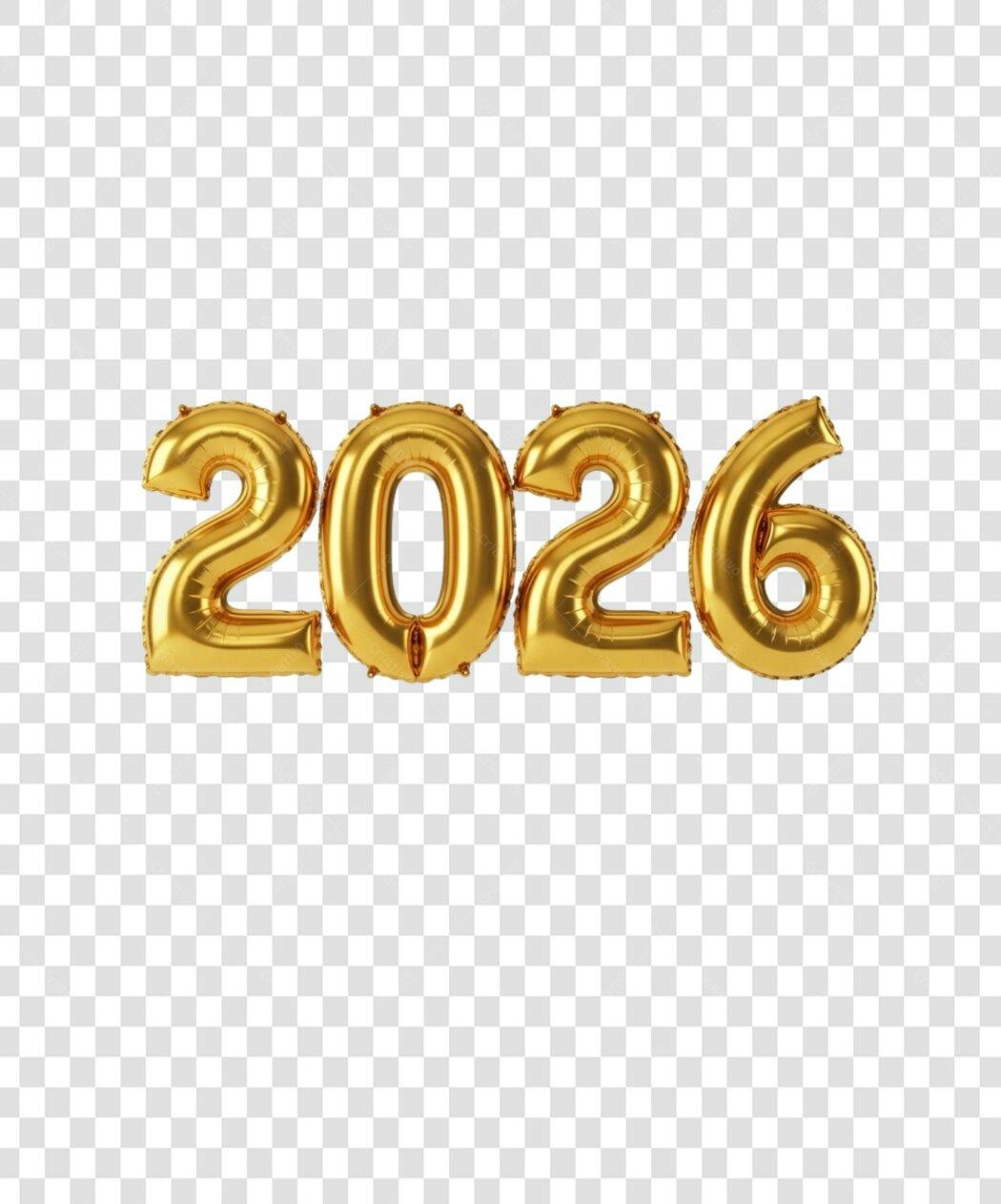 Número decorativo 2026 balões dourados metálicos PNG com fundo transparente
