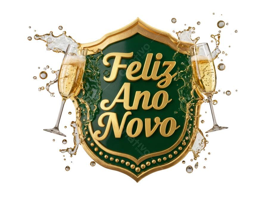 Selo Feliz Ano Novo 1º de Janeiro Dourado Verde Champanhe PNG com fundo transparente