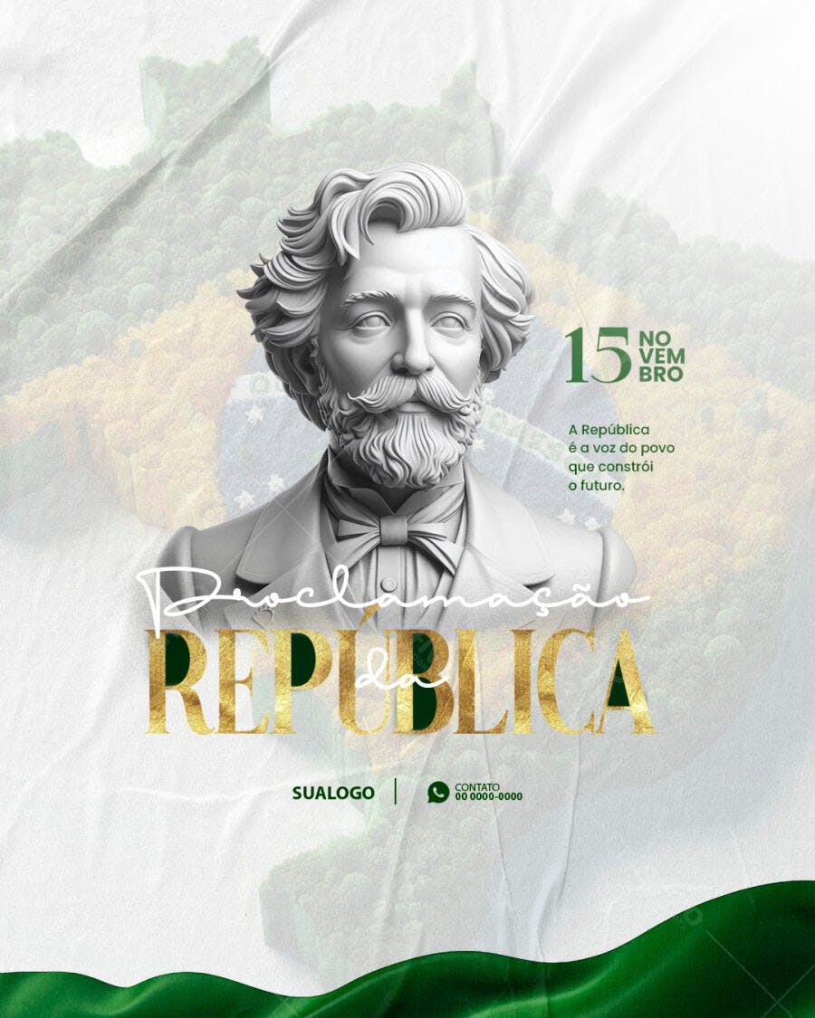 Flyer Proclamação da República 15 de Novembro com busto e bandeira PSD Editável