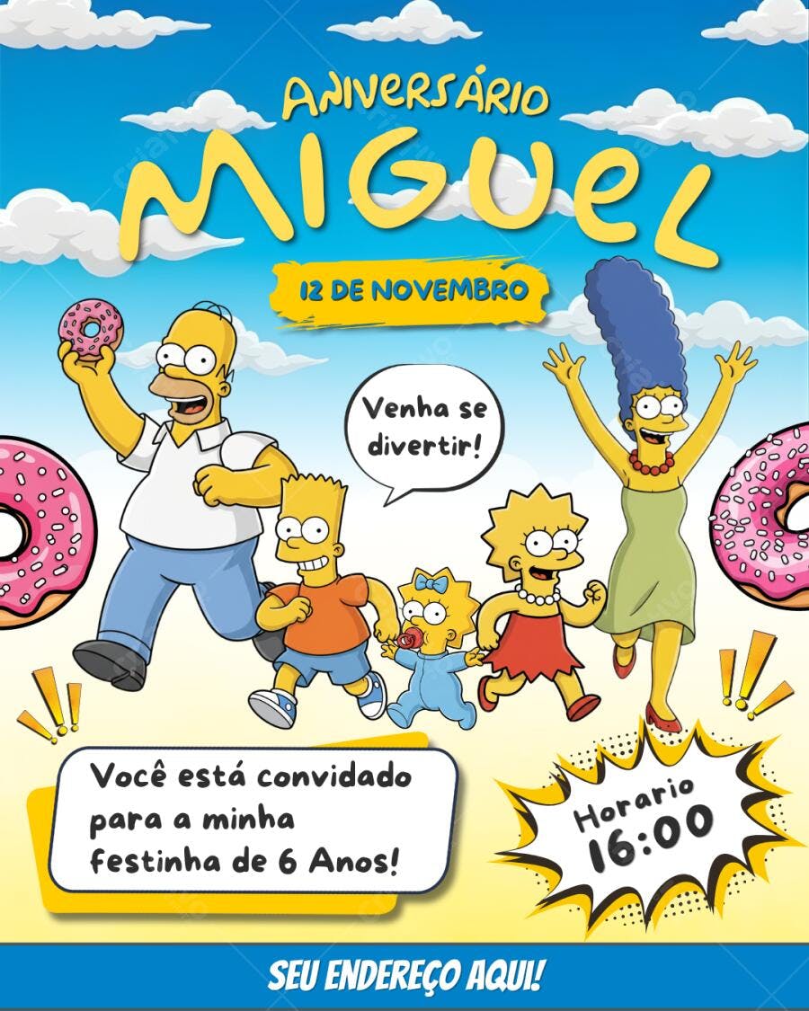 Convite de aniversário infantil Os Simpsons família completa donuts e céu azul Editável no Canva