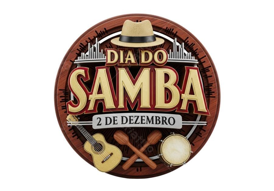 Selo Dia do Samba 2 de Dezembro chapéu violão dourado vermelho PNG com fundo transparente