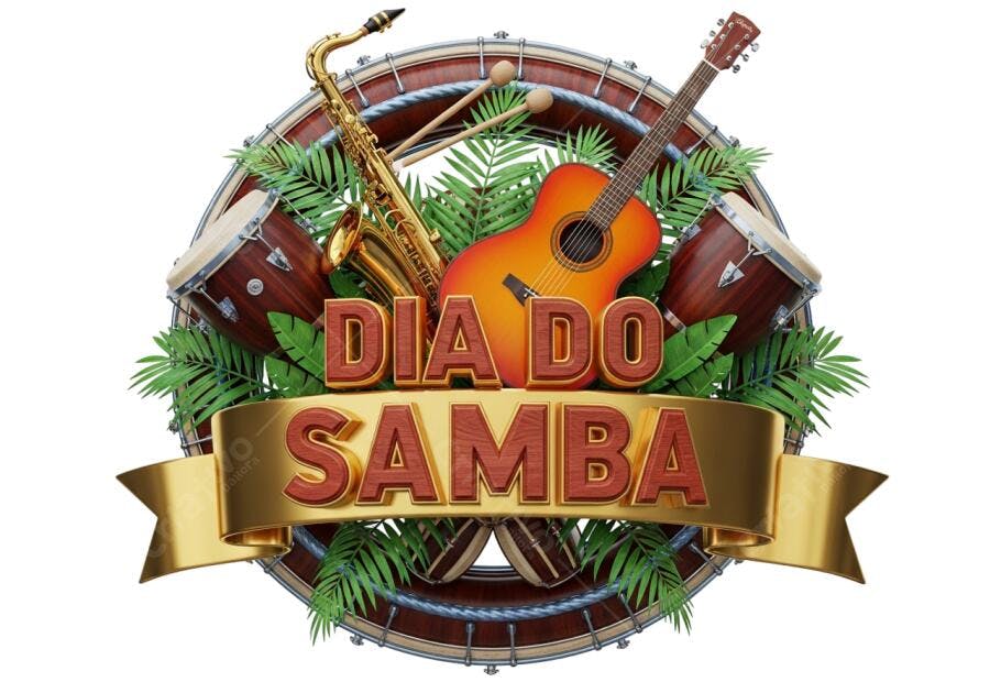 Selo Dia do Samba com instrumentos musicais e folhas PNG com fundo transparente
