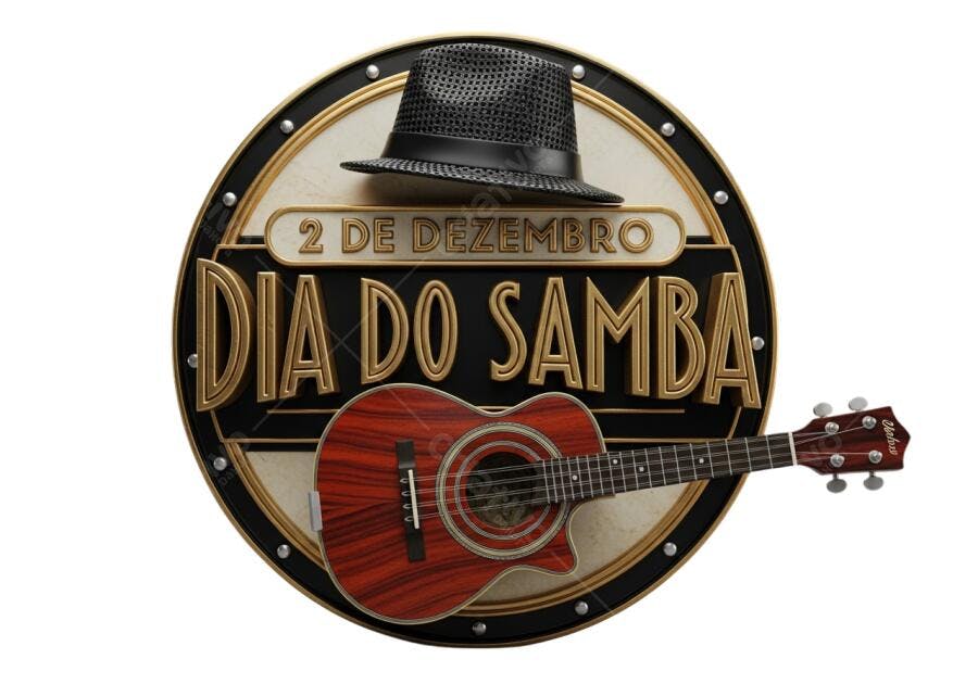 Emblema Dia do Samba 2 de Dezembro dourado com cavaquinho e chapéu PNG com fundo transparente