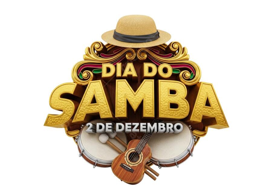 Selo comemorativo Dia do Samba 2 de Dezembro com chapéu violão e tambores PNG com fundo transparente