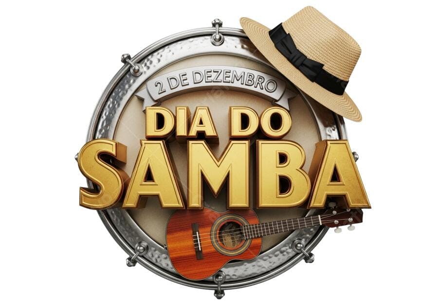 Elemento Gráfico Dia do Samba 2 de Dezembro dourado com violão PNG com fundo transparente