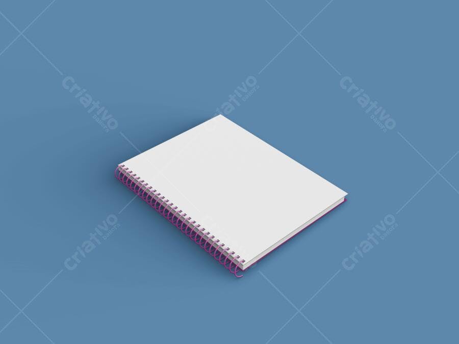 Mockup Caderno Espiral Branco com Espiral Rosa em Fundo Azul Minimalista Realista