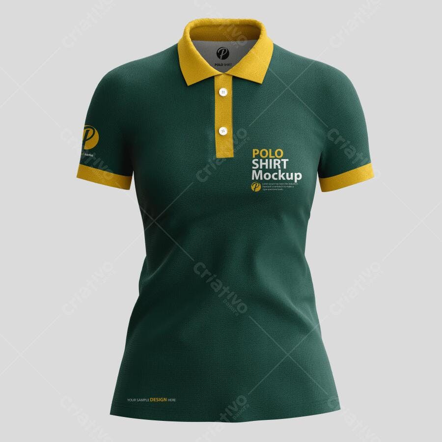 Mockup Polo Feminina Realista Verde Escuro e Amarela para Merchandising