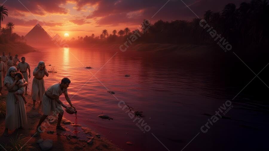 Homem derramando líquido vermelho no rio Nilo com pessoas angustiadas ao pôr do sol