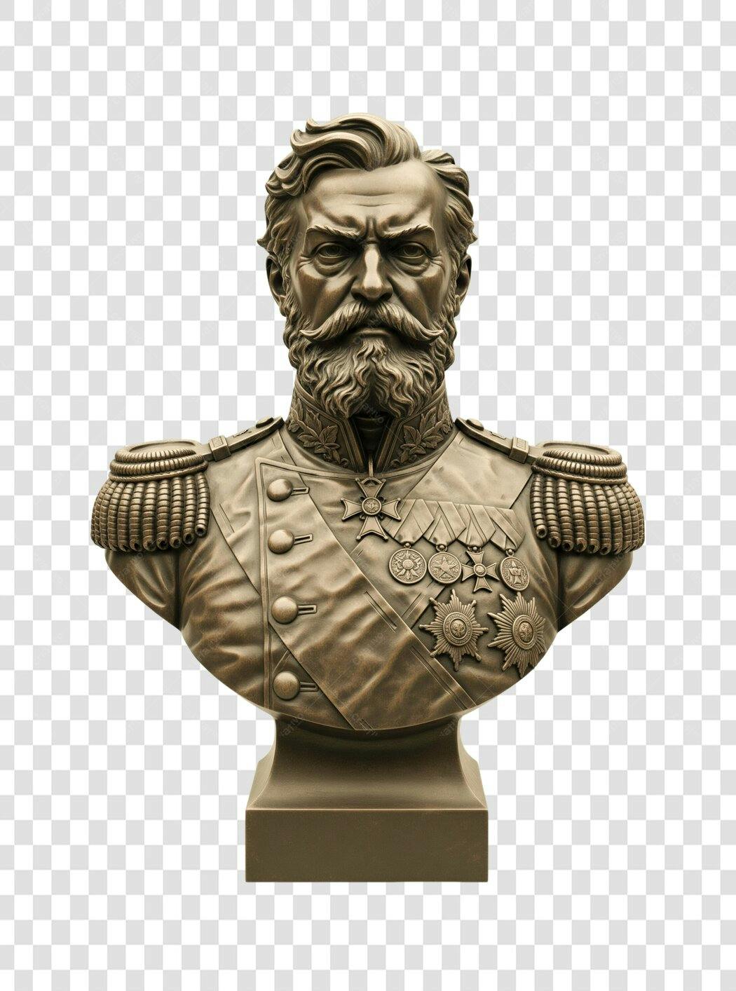 Estátua Busto Militar Antigo Caucasiano Bronze com Medals e Barba PNG fundo transparente