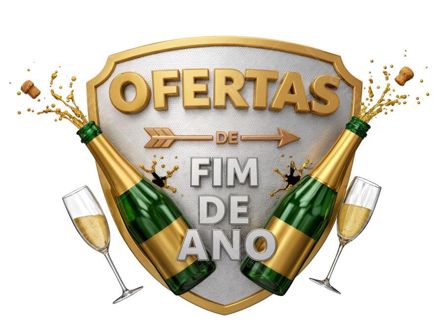 Banner Ofertas Fim de Ano Ano Novo champanhe dourado e prata PNG com fundo transparente