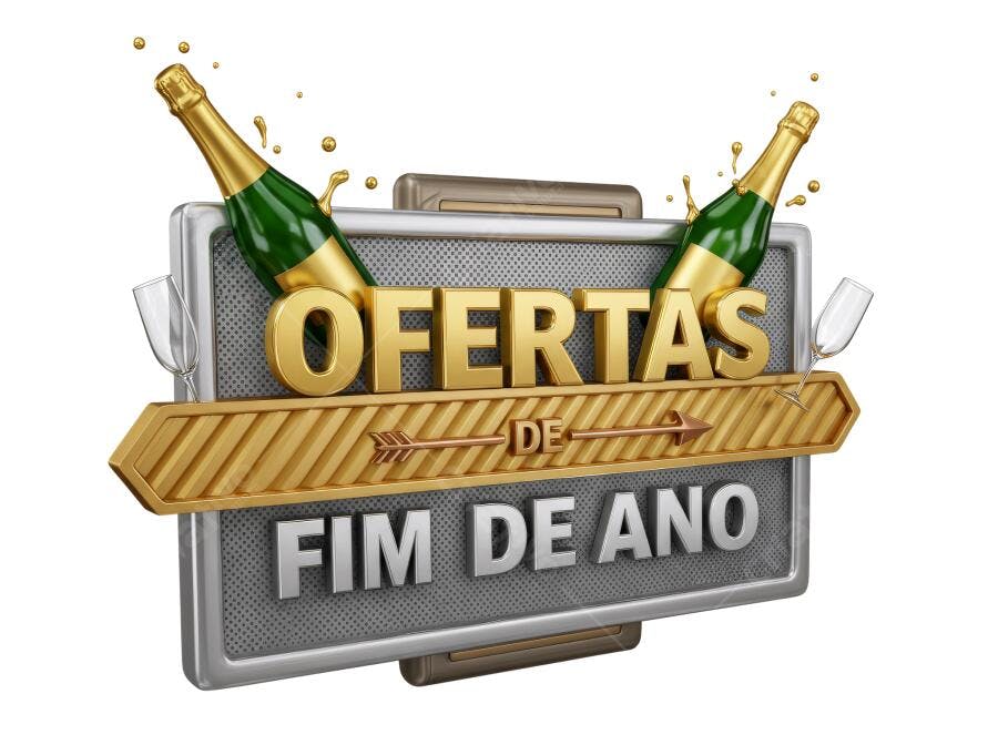 Selo Promocional Ofertas Fim de Ano dourado com champanhe PNG com fundo transparente