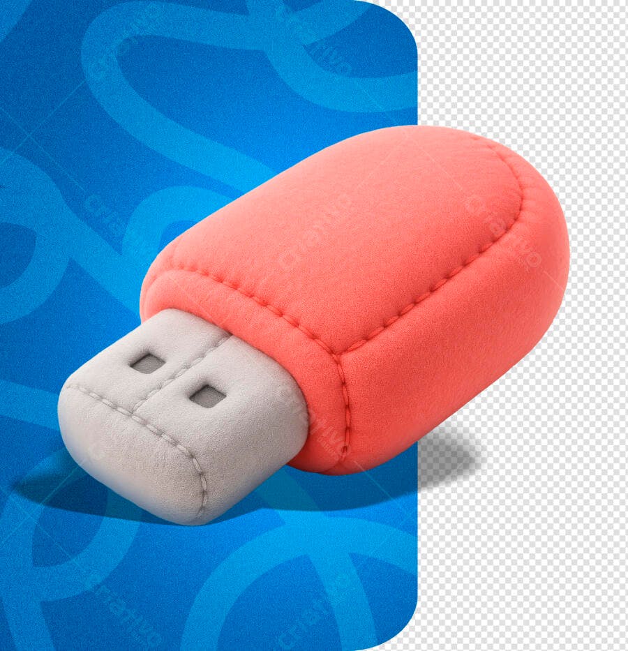 Objeto 3D Pendrive de Pelúcia Coral e Cinza PSD Editável