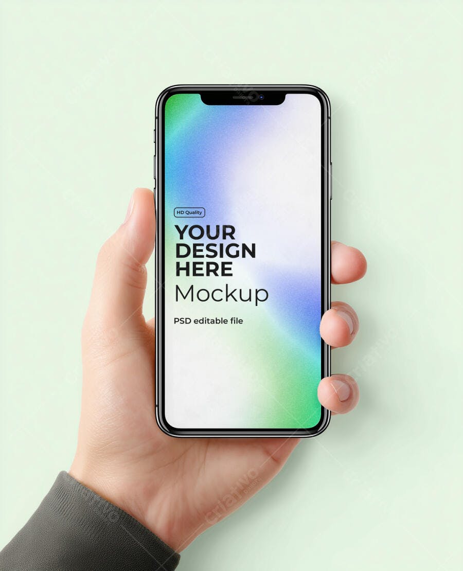 Mockup Smartphone Preto Moderno com Tela Branca na Mão sobre Fundo Verde Claro