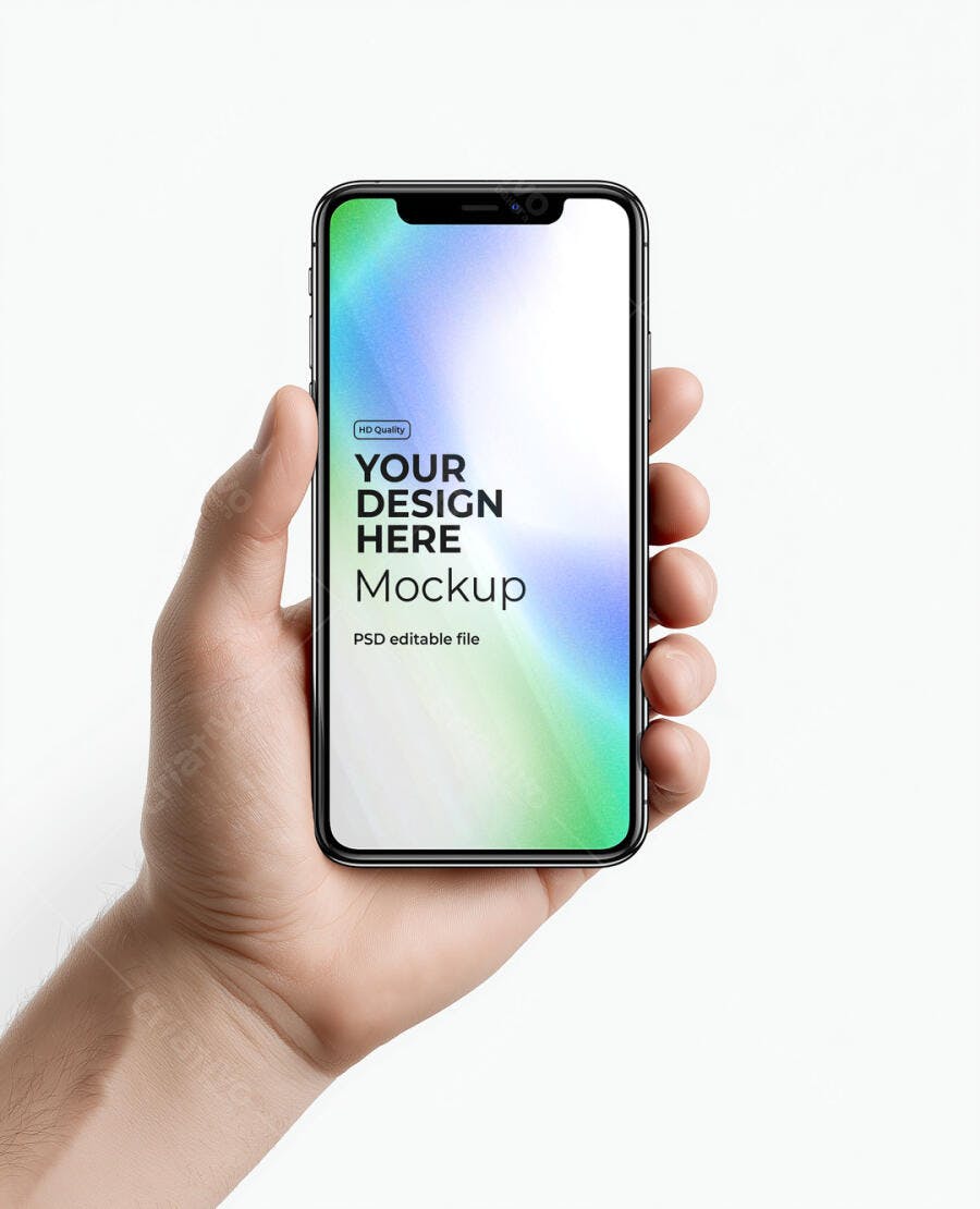 Mockup Smartphone Moderno Preto Segurado por Mão em Fundo Branco Realista