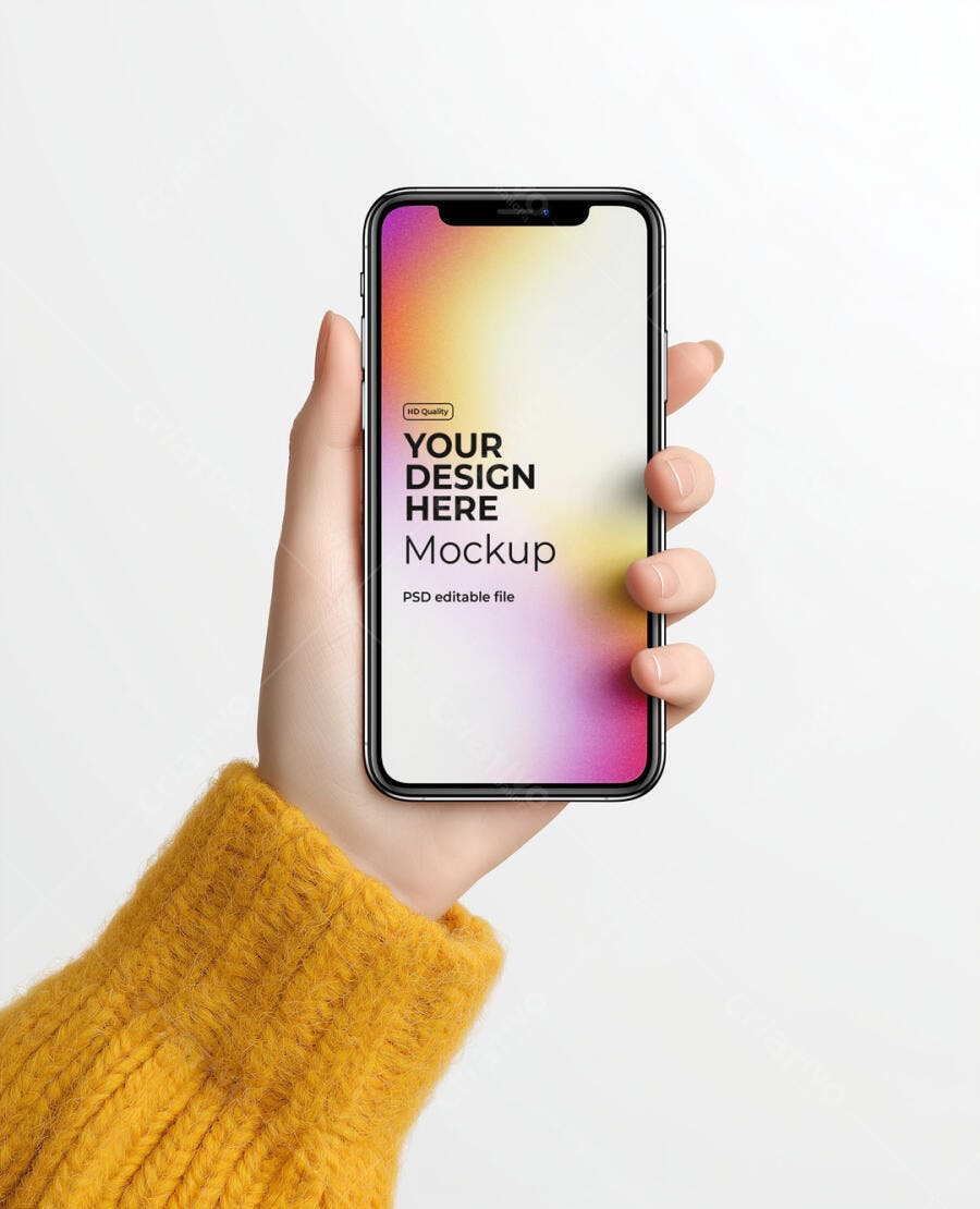 Mockup de Celular Moderno em Mão Feminina com Suéter Amarelo Realista