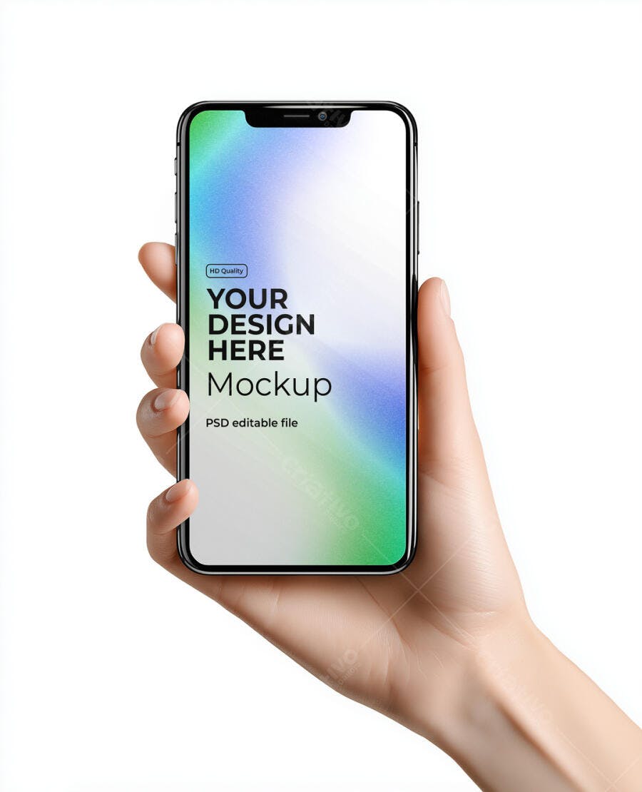 Mockup de Smartphone Moderno Segurado por Mão em Fundo Branco Realista