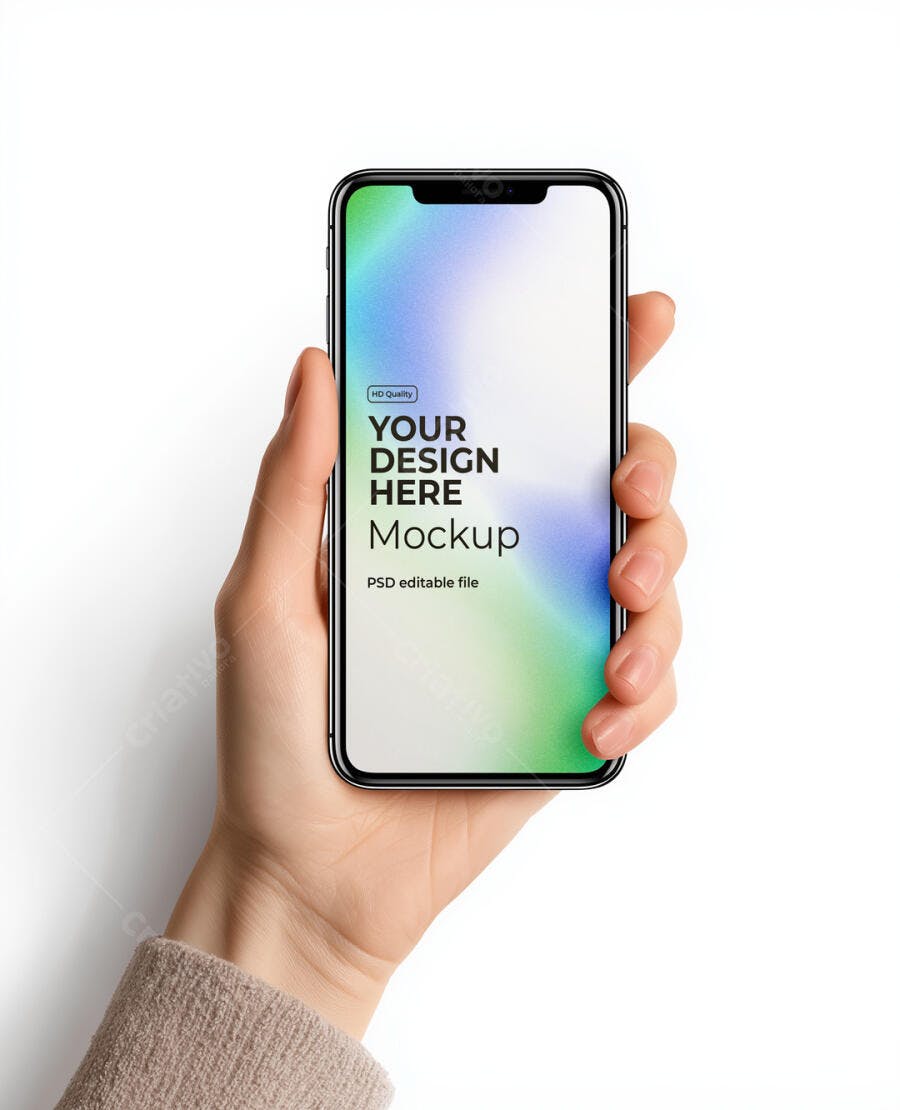 Mockup Smartphone Moderno em Mão Caucasiana para UI/UX e Aplicativos