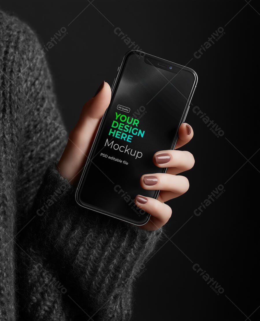 Mockup Smartphone Moderno em Mão Feminina Suéter Cinza Escuro Fundo Preto