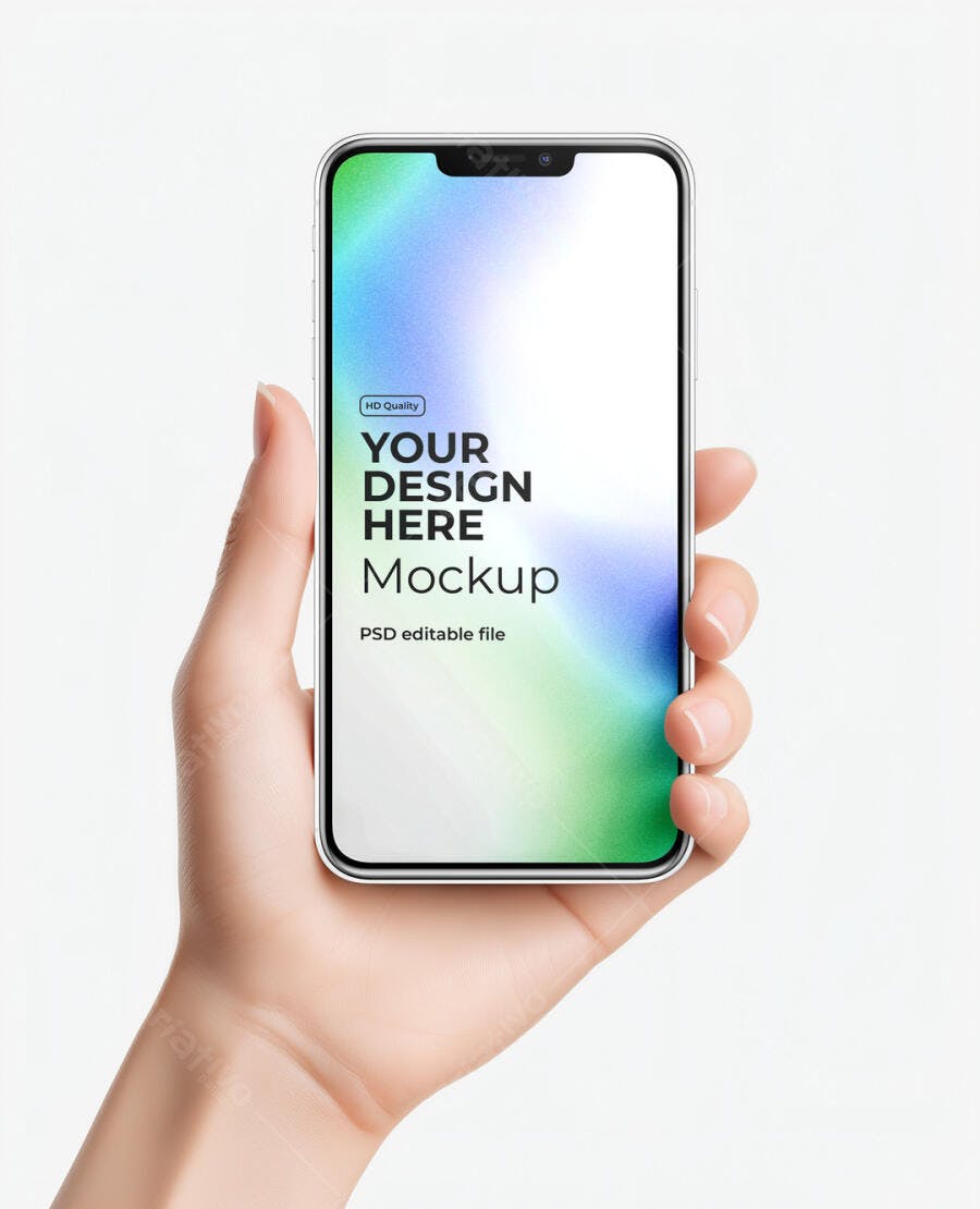 Mockup Realista de Smartphone Moderno na Mão com Tela em Gradiente Verde Azul