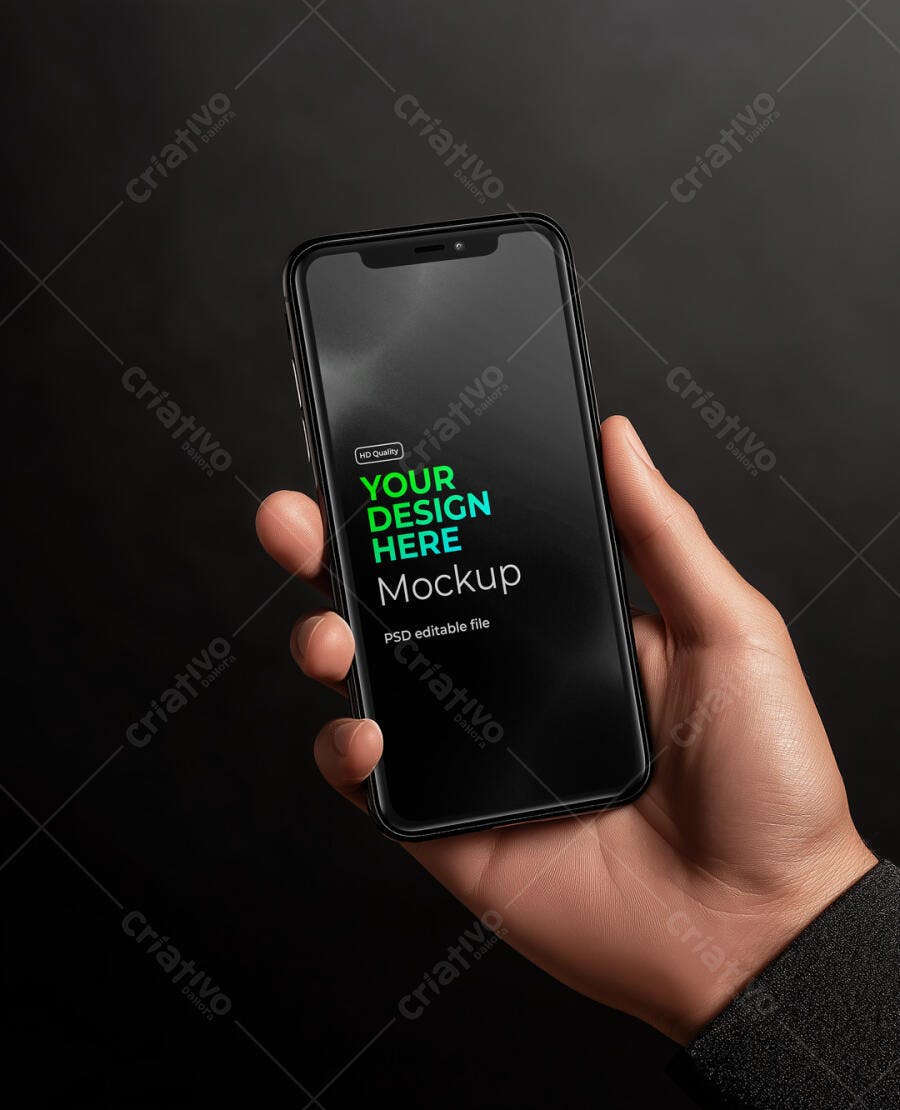 Mockup de Smartphone Moderno Preto em Mão Masculina Realista para Apresentação